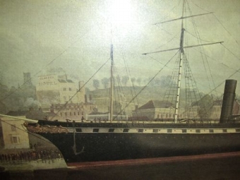 Antique CHROMO-LITHOGRAPH OF THE S.S.GREAT BRITAIN PASSENGER STEAMSHIP IN SERVICE 1845-1886 DOCKED IN BRISTOL 21 X 17 FRAMED UNDER GLASS C1900-20