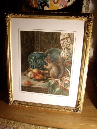 VICTORIAN WATERCOLOUR OF A SQUIRREL EATING NUTS ON AN OAK TABLE NEXT TO A DISH OF APPLES & TOMATO...