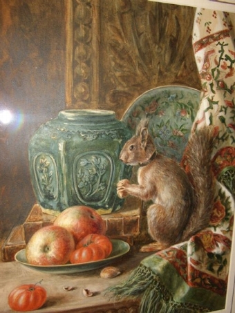 Antique VICTORIAN WATERCOLOUR OF A SQUIRREL EATING NUTS ON AN OAK TABLE NEXT TO A DISH OF APPLES & TOMATOES PRESENTED IN ORIGINAL ORNATE FRAME 25 X 20.5 INCHES UNDER GLASS 