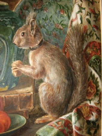 Antique VICTORIAN WATERCOLOUR OF A SQUIRREL EATING NUTS ON AN OAK TABLE NEXT TO A DISH OF APPLES & TOMATOES PRESENTED IN ORIGINAL ORNATE FRAME 25 X 20.5 INCHES UNDER GLASS 