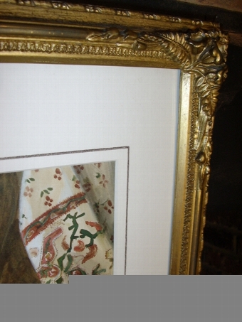 Antique VICTORIAN WATERCOLOUR OF A SQUIRREL EATING NUTS ON AN OAK TABLE NEXT TO A DISH OF APPLES & TOMATOES PRESENTED IN ORIGINAL ORNATE FRAME 25 X 20.5 INCHES UNDER GLASS 