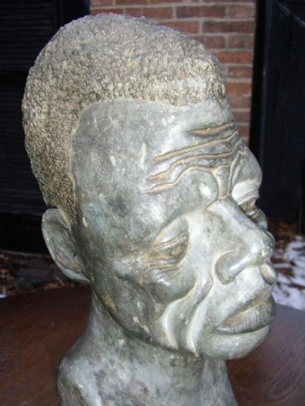 Antique AFRICAN TRIBAL BUST SCULPTURED FROM GREY  SOAPSTONE MEASURING 14 INCHES HIGH