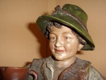 RARE AUSTRIAN TERRACOTTA HAND PAINTED BOY FIGURINE HOLDING A WATER URN 18 INCHES HIGH CIRCA 1880-...