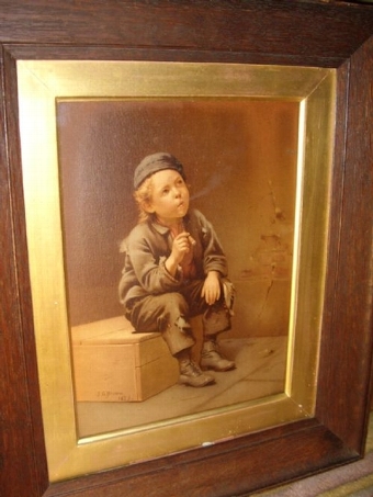 Antique VICTORIAN OILEOGRAPH OF A YOUNG WORKING BOY TAKING A REST ON A PINE BOX & SMOKING A LARGE CIGAR C1873 