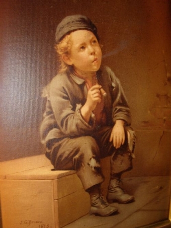 Antique VICTORIAN OILEOGRAPH OF A YOUNG WORKING BOY TAKING A REST ON A PINE BOX & SMOKING A LARGE CIGAR C1873 