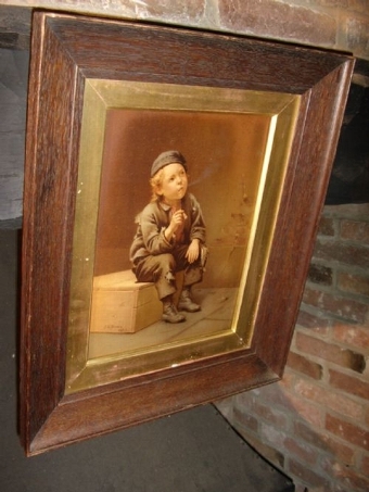 Antique VICTORIAN OILEOGRAPH OF A YOUNG WORKING BOY TAKING A REST ON A PINE BOX & SMOKING A LARGE CIGAR C1873 