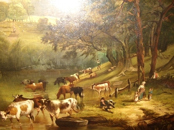 Antique LATE 18TH CENTURY LANDSCAPE OIL PAINTING ON CANVAS BY THOMAS PRITT ENGLISH SCHOOL  OF CATTLE WATERING 50 X 61 INS