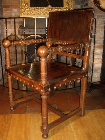 ARTS & CRAFTS OAK DIRECTORS DESK CHAIR FINISHED IN DARK BROWN LEATHER STUDDED WITH DECORATIVE BRA...