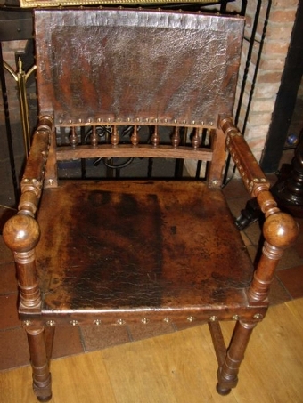 Antique ARTS & CRAFTS OAK DIRECTORS DESK CHAIR FINISHED IN DARK BROWN LEATHER STUDDED WITH DECORATIVE BRASS STUDS C1865-1900