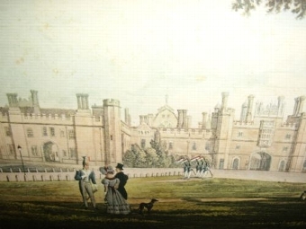 HAMPTON COURT PALACE COLOURED VICTORIAN PRINT UNDER GLASS 12.5 X 16.6 INCHES