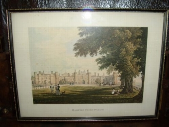 Antique HAMPTON COURT PALACE COLOURED VICTORIAN PRINT UNDER GLASS 12.5 X 16.6 INCHES