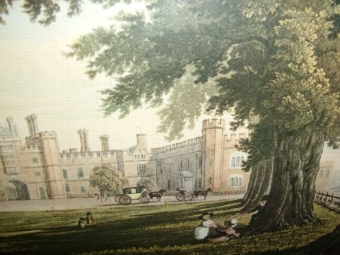 Antique HAMPTON COURT PALACE COLOURED VICTORIAN PRINT UNDER GLASS 12.5 X 16.6 INCHES