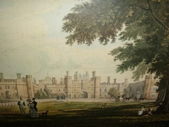 Antique HAMPTON COURT PALACE COLOURED VICTORIAN PRINT UNDER GLASS 12.5 X 16.6 INCHES