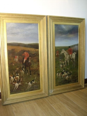 19TH CENTURY HUNT & HOUNDS IN PROGRESS / OIL ON CANVAS SIGNED JAMES CECIL BENETT C1882 25.5 X 44....