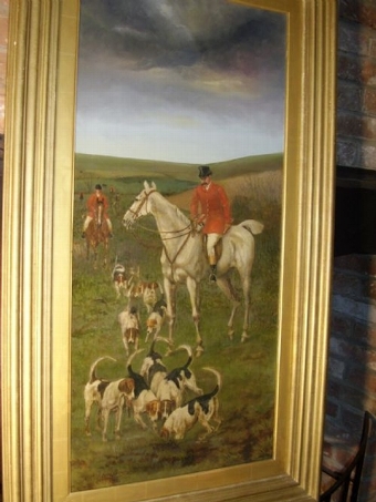 Antique 19TH CENTURY HUNT & HOUNDS IN PROGRESS / OIL ON CANVAS SIGNED JAMES CECIL BENETT C1882 25.5 X 44.5 INCHES