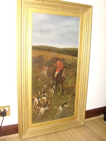Antique 19TH CENTURY HUNT & HOUNDS IN PROGRESS / OIL ON CANVAS SIGNED JAMES CECIL BENETT C1882 25.5 X 44.5 INCHES