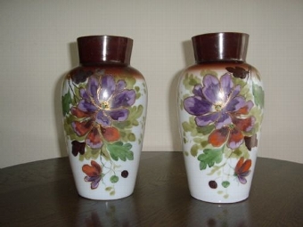 PAIR OF VICTORIAN MILK GLASS FLORREL PAINTED VASES 10 INCHES HIGH