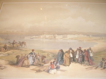 Antique LITHOGRAPH COLOURED PRINT OF SUEZ EGYPT AFTER WATERCOLOUR PAINTING BY ARTIST DAVID ROBERTS RA C1839 SIZE 30.75 X 25 INCHES  