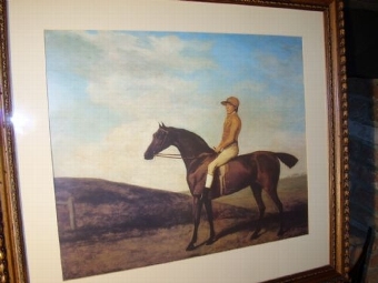 Antique EARLY SPORTING PRINT OF A MOUNTED JOCKEY PRESENTED IN A BEAUTIFULLY CARVED DECORATIVE OAK FRAME  SIZE 28.25 X 31.25