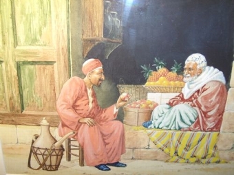 QUALITY WATERCOLOUR PAINTING BY VICTOR PRESCOTT OF EGYPTIAN STREET SELLER BARTERING OVER HIS FRUI...