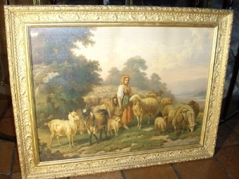 VICTORIAN TEXTURED OILEOGRAPH UNDER GLASS OF A LADY HERDER FEEDING SHEEP & PRESENTED IN THE ORIGI...