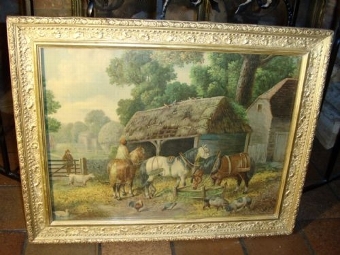 VICTORIAN TEXTURED OILEOGRAPH UNDER GLASS OF A FARMYARD SCENE WITH HORSES WATERING & PRESENTED IN...