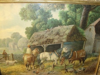 Antique VICTORIAN TEXTURED OILEOGRAPH UNDER GLASS OF A FARMYARD SCENE WITH HORSES WATERING & PRESENTED IN THE ORIGINAL DECORATIVE GILT FRAME SIZE 23 X 18 INCHES 