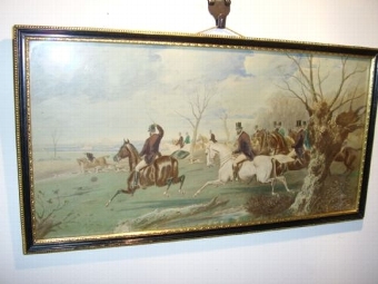 VICTORIAN HUNTING AQUATINT PRINT HAND FINISHED IN WATERCOLOURS DEPICTING A FOX HUNT IN PROGRESS /...