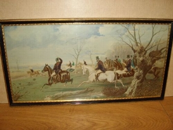 Antique VICTORIAN HUNTING AQUATINT PRINT HAND FINISHED IN WATERCOLOURS DEPICTING A FOX HUNT IN PROGRESS / UNDER GLASS 15.5  X 8 INCHES
