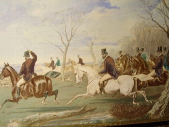 Antique VICTORIAN HUNTING AQUATINT PRINT HAND FINISHED IN WATERCOLOURS DEPICTING A FOX HUNT IN PROGRESS / UNDER GLASS 15.5  X 8 INCHES