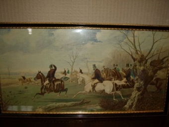 Antique VICTORIAN HUNTING AQUATINT PRINT HAND FINISHED IN WATERCOLOURS DEPICTING A FOX HUNT IN PROGRESS / UNDER GLASS 15.5  X 8 INCHES
