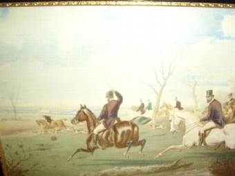 Antique VICTORIAN HUNTING AQUATINT PRINT HAND FINISHED IN WATERCOLOURS DEPICTING A FOX HUNT IN PROGRESS / UNDER GLASS 15.5  X 8 INCHES