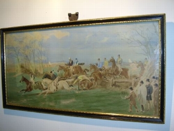 VICTORIAN HUNTING AQUATINT PRINT HAND FINISHED IN WATERCOLOURS DEPICTING A FOX HUNT IN PROGRESS /...