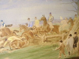 Antique VICTORIAN HUNTING AQUATINT PRINT HAND FINISHED IN WATERCOLOURS DEPICTING A FOX HUNT IN PROGRESS / UNDER GLASS 15.5  X 8 INCHES