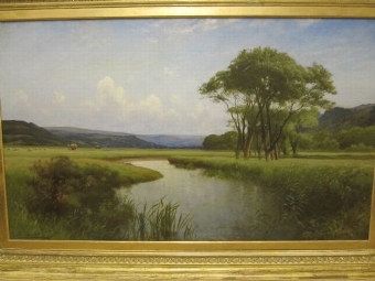 LARGE VICTORIAN PASTURAL LANDSCAPE WITH RIVER VIEW BY ARTIST JULIUS HARE RA C1849 SIZE 43 X 63.5 ...