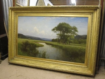 Antique LARGE VICTORIAN PASTURAL LANDSCAPE WITH RIVER VIEW BY ARTIST JULIUS HARE RA C1849 SIZE 43 X 63.5 INCHES IN PLASTER GILT FRAME
