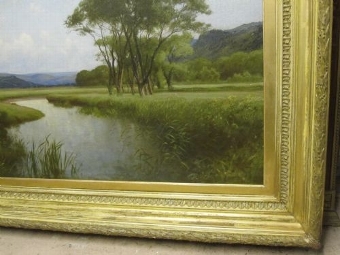 Antique LARGE VICTORIAN PASTURAL LANDSCAPE WITH RIVER VIEW BY ARTIST JULIUS HARE RA C1849 SIZE 43 X 63.5 INCHES IN PLASTER GILT FRAME