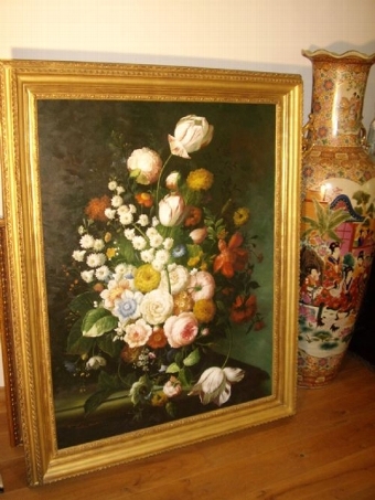 Antique FLOWER STILL LIFE OIL PAINTING BY SOUGHT AFTER ARTIST THOMAS WEBSTER BEAUTIFULLY PRESENTED IN AN EXPENSIVE ANTIQUE GILT FRAME & MEASURING 48 X 59 INCHES OVERALL