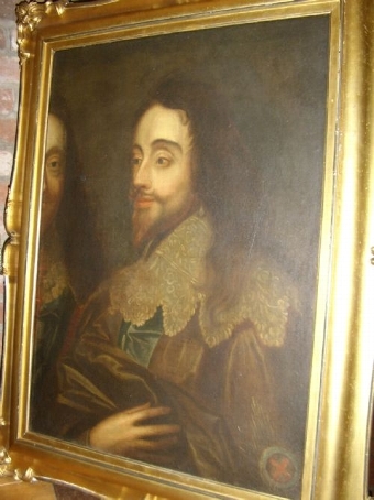 Antique 18TH CENTURY OIL PORTRAIT OF KING CHARLES 1ST AFTER VAN DYCK'S TRIPTYCH THREE HEADED VERSION & LATER CUT DOWN