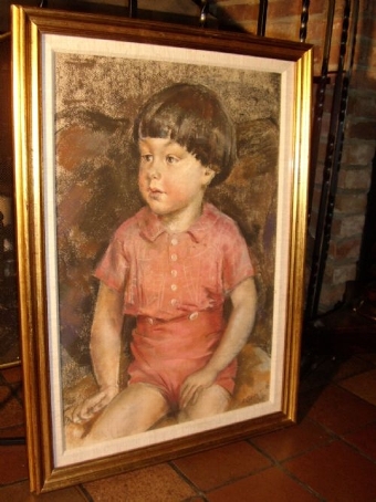 Antique EXCEPTIONAL PASTEL & GAUCHE PORTRAIT OF A YOUNG BOY SITTING BY ARTIST J.A.GRANT 27.5 X 20 INCHES 