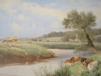 HARVEST TIME PRINT WITH CATTLE WATERING & PRESENTED IN NICE GILT FRAME UNDER GLASS