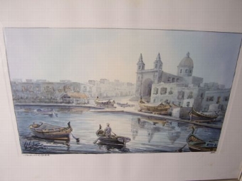 WATERCOLOUR OF MARSAXLOKK FISHING HARBOUR IN MALTA BY ARTIST G.L.GALIA 
