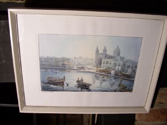 Antique WATERCOLOUR OF MARSAXLOKK FISHING HARBOUR IN MALTA BY ARTIST G.L.GALIA 