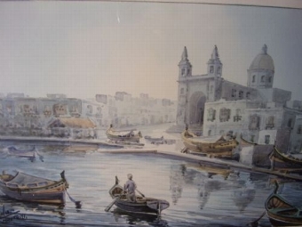 Antique WATERCOLOUR OF MARSAXLOKK FISHING HARBOUR IN MALTA BY ARTIST G.L.GALIA 