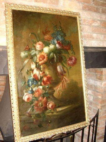 Antique FLOWER STILL LIFE OIL ON CANVAS STUDY DATING EARLY 1700'S