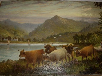 OIL PAINTING ON CANVAS OF HIGHLAND CATTLE GLENCLOY ISLE OF ARRAN BRODICK SCOTLAND C1897