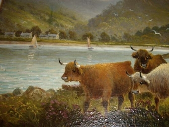 Antique OIL PAINTING ON CANVAS OF HIGHLAND CATTLE GLENCLOY ISLE OF ARRAN BRODICK SCOTLAND C1897
