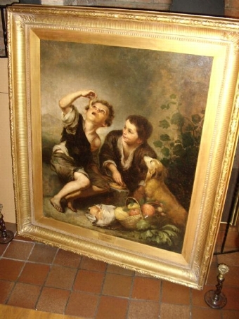 Antique THE PIE EATERS AFTER BARTOLOME ESTEBAN MURILLO (1617-D1682) OIL ON CANVAS EARLY 19TH CENTURY CIRCA 1800-1810 EUROPEN SCHOOL IN ORIGINAL SWEPT GILT FRAME SIZE 53 X 46 INCHES 