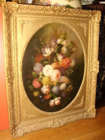 STILL LIFE FLOWER OIL ON CANVAS PAINTING SIGNED MAC NAB A IN DECORATIVE GILT FRAME 32.5 x 39.5 IN...