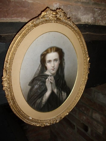 VICTORIAN COLOURED ETCHING OF YOUNG GIRL WEARING BLACK LACE WITH DECORATIVE FRAME